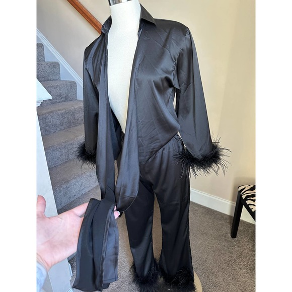 Black satin feather trim top and feather trim pants set (2 pcs) size small NWT - Picture 7 of 15